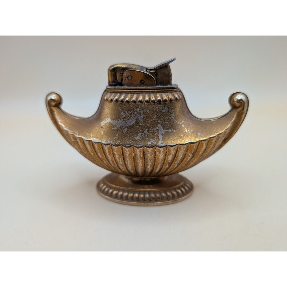 Vintage Evans Fuel Magic Lamp Genie Table Cigarette Lighter Worn Gold Plate